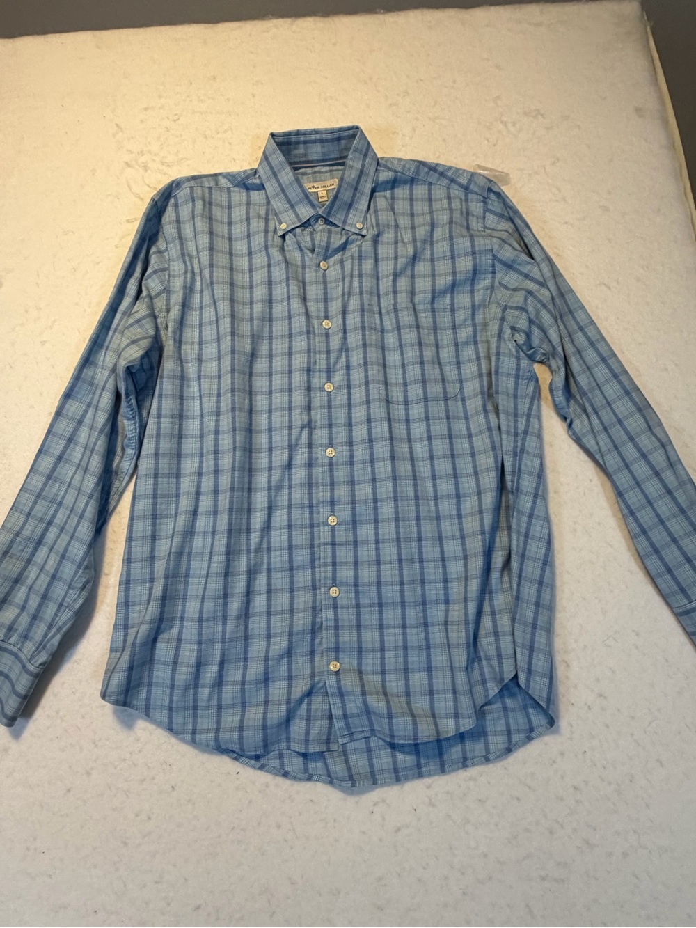 Peter Millar Light Blue Plaid Button-Down Shirt. Size large like new